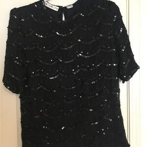Vintage Elegant Scala Black Sequin Scalloped Embellished Blouse